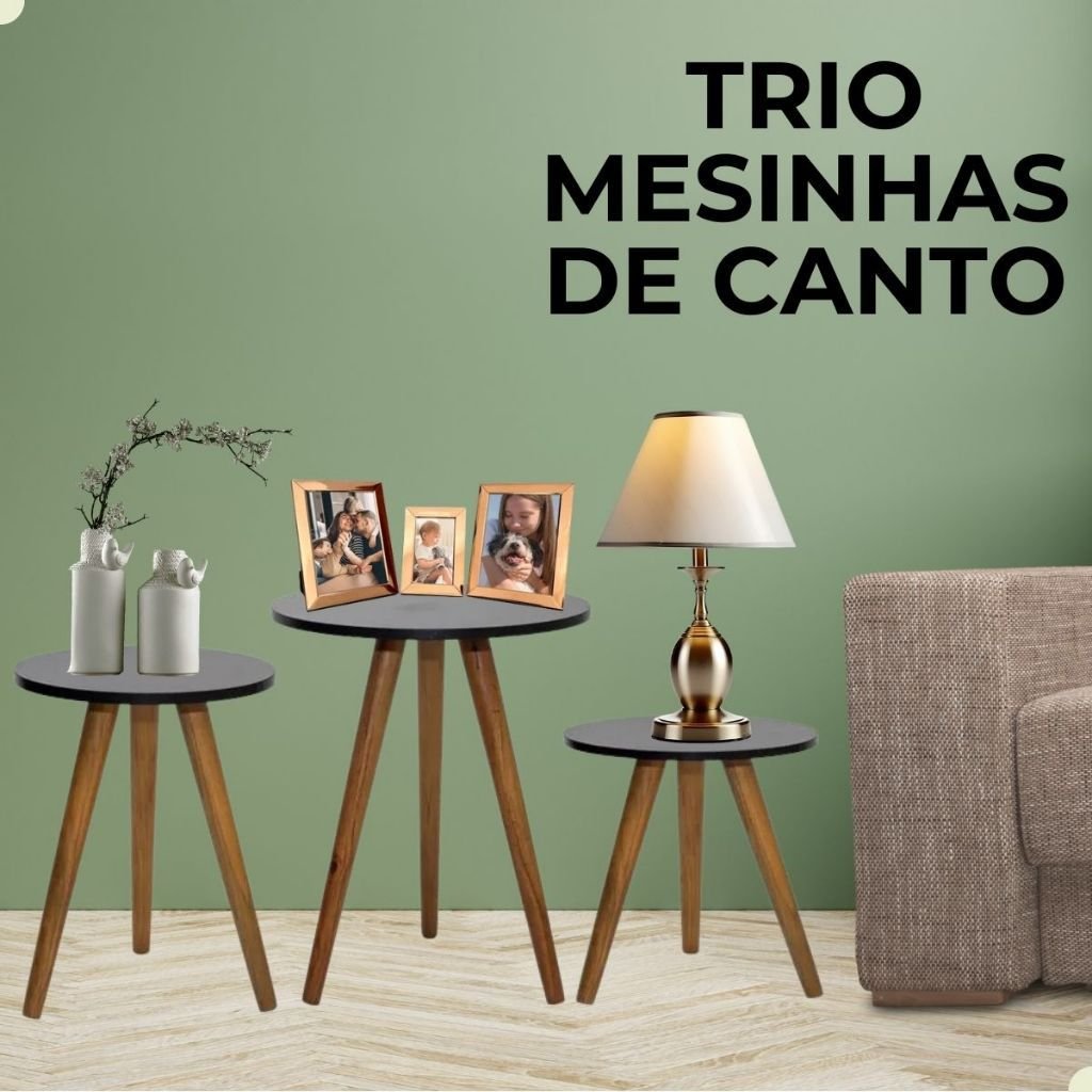 Kit Trio Jogo de Mesinhas Lateral Redondas Sala Pé Palito Retro Decoração Porta Objetos