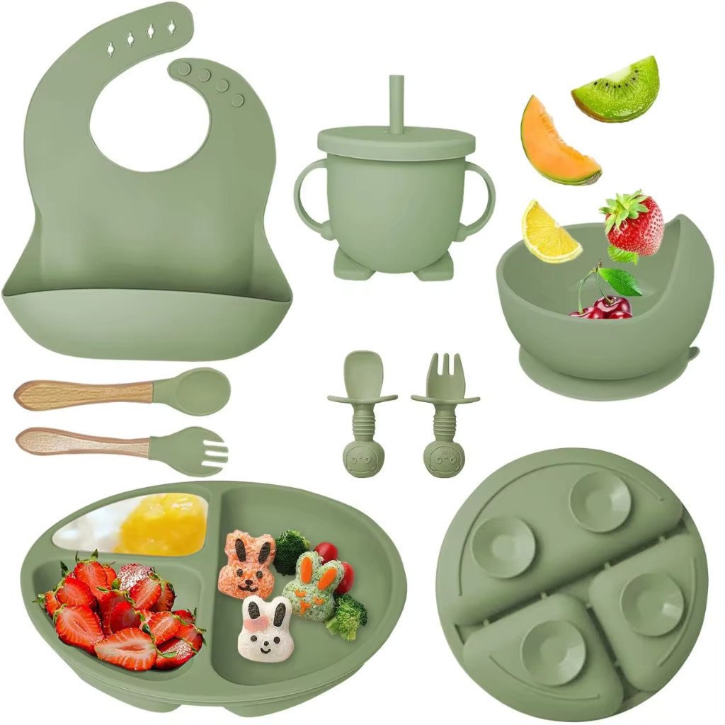 Talheres bebê silicone 6/8 Peças kit Talheres Infantil Colher Babador Garfo